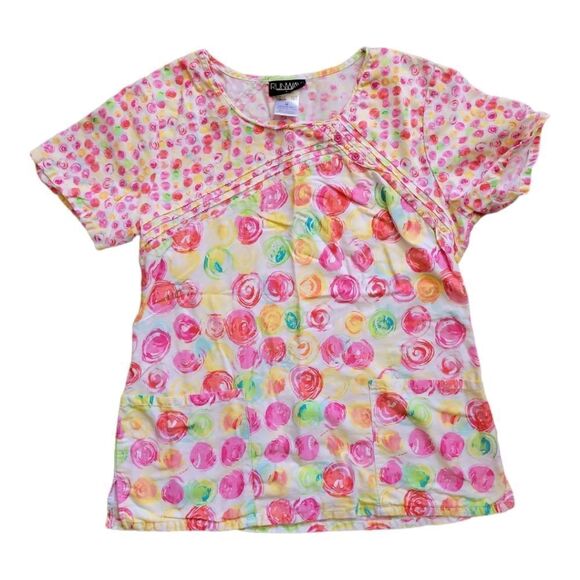 🤑 3 for  - Runway by Cherokee Bright Spotted Scoop Neck Cotton Scrub Top Size M - Picture 1 of 3